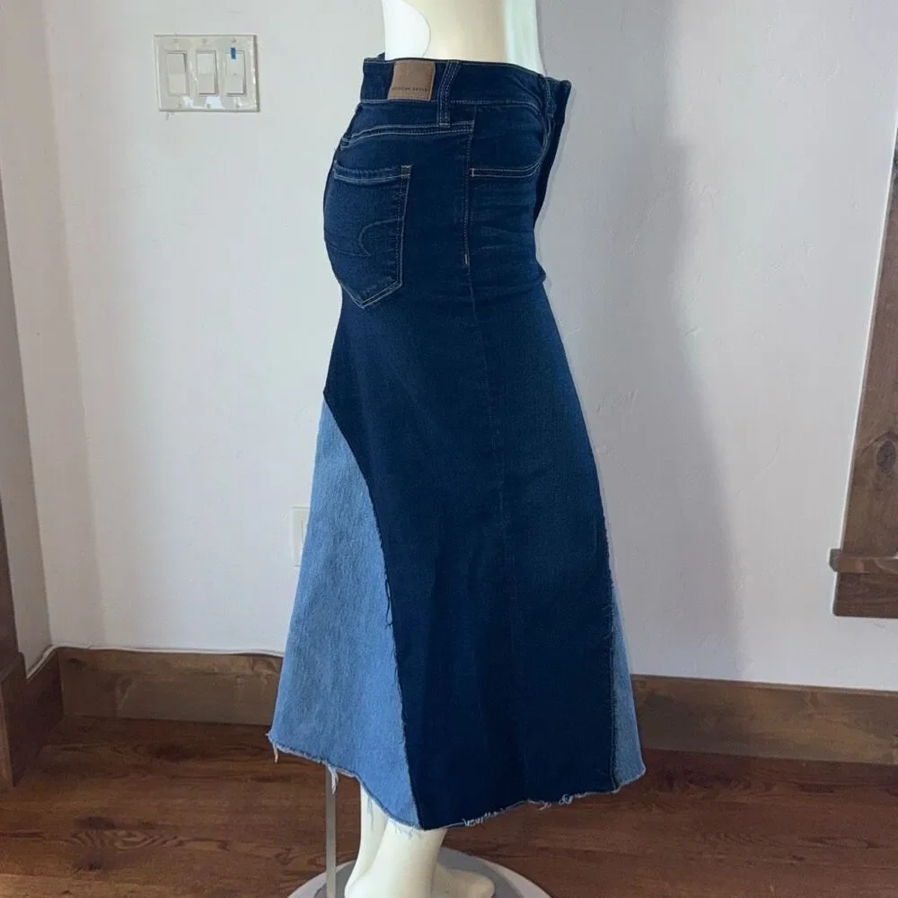 Up cycled‎ Bohemian Two Tone Blue Raw Hem Long Stretch Denim Maxi Skirt Size 6